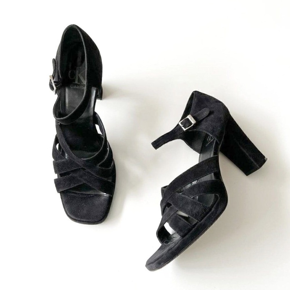 Vintage 90s Calvin Klein Chunky Sandals Pumps Black Suede Strappy Square Toe 10